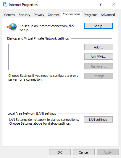 Internet properties - Connections tab